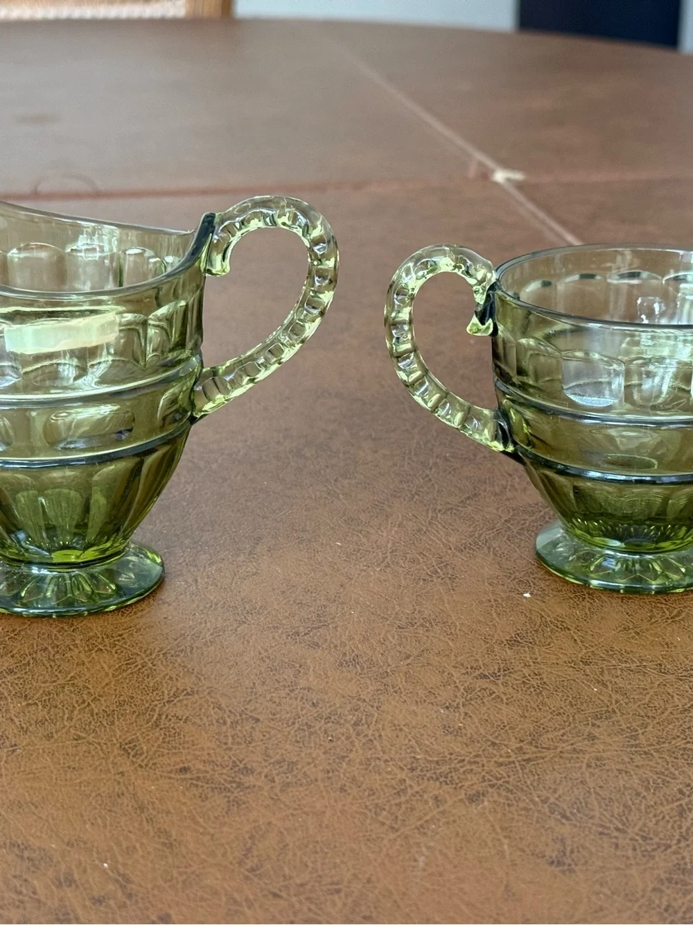 Vintage Fostoria Hermitage green glass Creamer and Sugar Set w sticker EUC